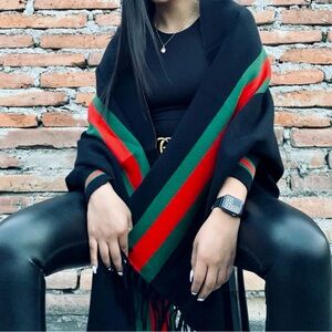 Stylish Off-the-Shoulder Sweater with Red and Green Stripes